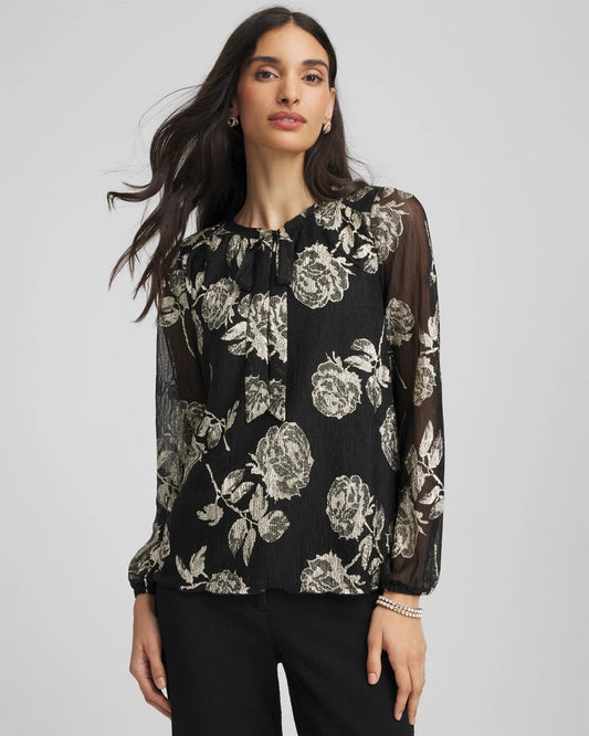 Chico's | Floral Metallic Bodre Top/ Black