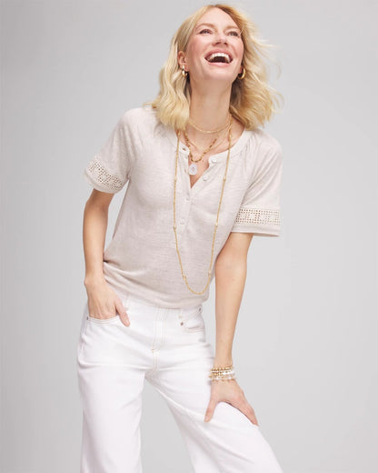Chico's | Linen Lace-Cutwork Sleeve Henley Tee/ River Rock