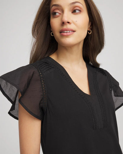 Chico's | Pleated-Trim Flutter-Sleeve Tee/ Black