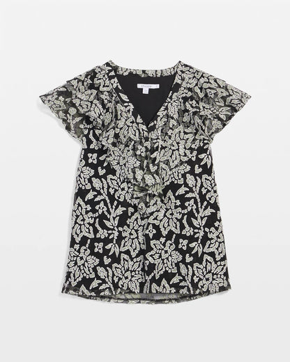Chico's | Lace Floral-Burnout Henley Tee/ Black