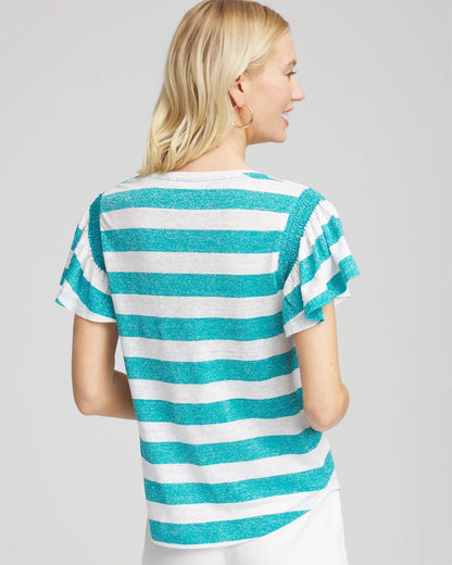 Chico's | Linen Metallic Striped Flutter-Sleeve Tee/ Seaspray