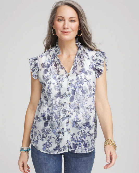 Chico's | Butterfly Ruffle Collar Blouse/ Pale Turq Blue
