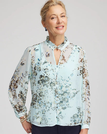 Chico's | Floral Georgette Peasant Blouse/ Blue Menthe