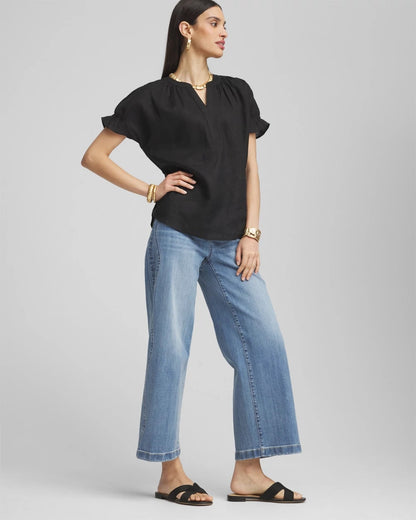 Chico's | Linen Flutter-Sleeve Popover Top/ Black