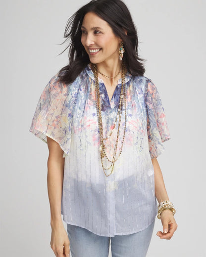 Chico's | Jacquard Flutter-Sleeve Blouse/ Blue Pearl