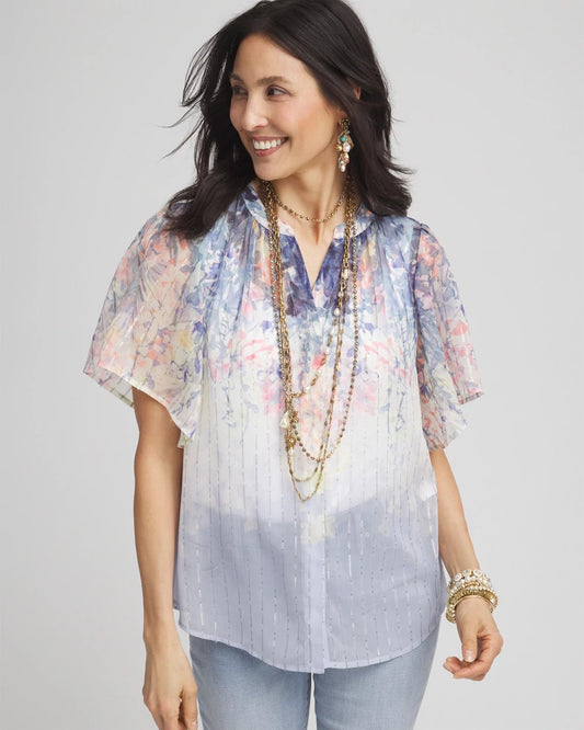 Chico's | Jacquard Flutter-Sleeve Blouse/ Blue Pearl