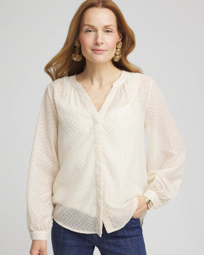 Chico's | Chevron Blouson Sleeve Blouse/ Ecru