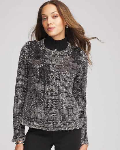 Chico's | Embroidered Metallic Tweed Cardigan/ Gray
