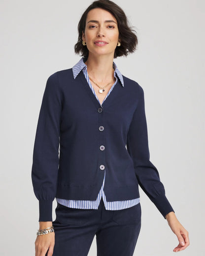 Chico's | Striped Collared Cardigan Sweater/ Passport Blue