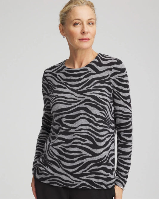 Chico's | Cashmere Zebra Long-Sleeve Pullover Sweater/ Black