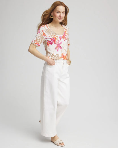 Chico's | Floral Print Crochet-Trim Pullover Sweater/ Alabaster