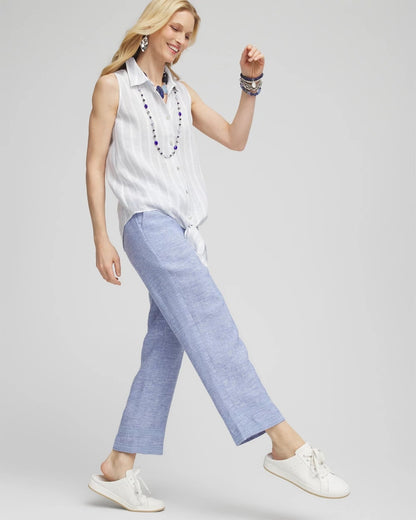 Chico's | Linen Pull On Waist Cropped Pants/ Blue