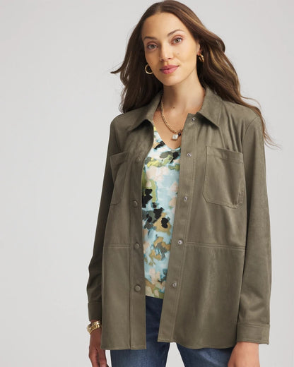Chico's | Suede Collared Long-Sleeved Shacket/ Nettle Leaf
