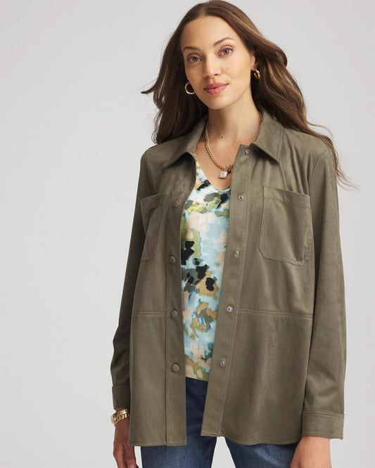 Chico's | Suede Collared Long-Sleeved Shacket/ Nettle Leaf