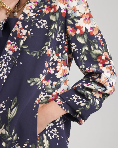 Chico's | Floral Ruched Sleeve Blazer/ Passport Blue