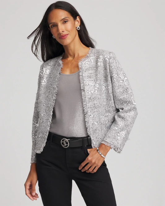 Chico's | Silver Sequins Tweed Jacket/ Silver