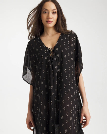 Chico's | Printed Kaftan Swim Cover-Up/ Black/Neutral